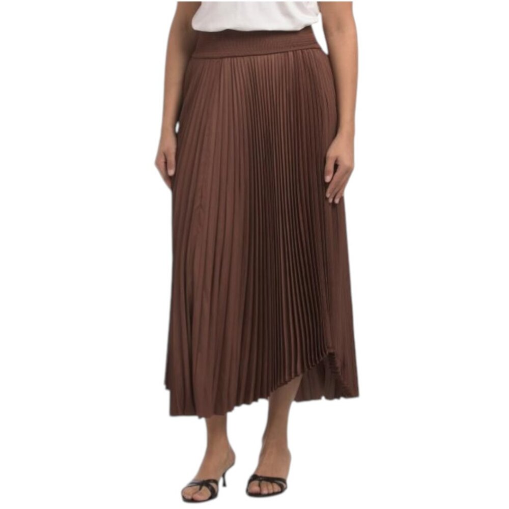 ELIE TAHARI Smocked Waistband Pleated Midi Skirt With Asymmetrical Hem